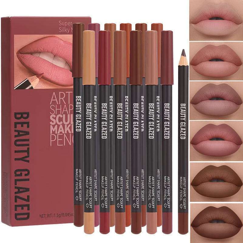 12 Colors Sculpting Matte Velvet Lip Liner Set, Smooth Creamy Texture, Waterproof And High Pigmented for Girls Daily Application Lip Makeup