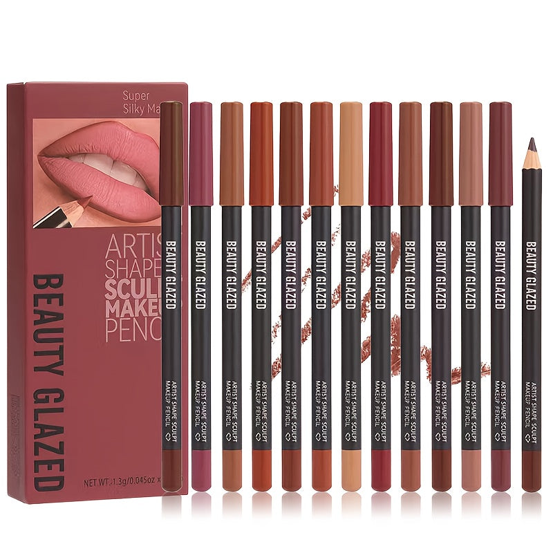 12 Colors Sculpting Matte Velvet Lip Liner Set, Smooth Creamy Texture, Waterproof And High Pigmented for Girls Daily Application Lip Makeup