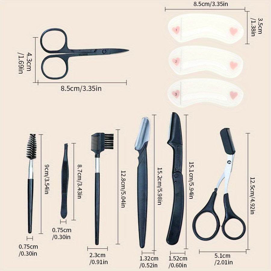 10pcs Eyebrow Grooming Kit Including Scissors, Tweezers, Eyebrow Razors, Eyebrow Combs, And Other Makeup Tools.