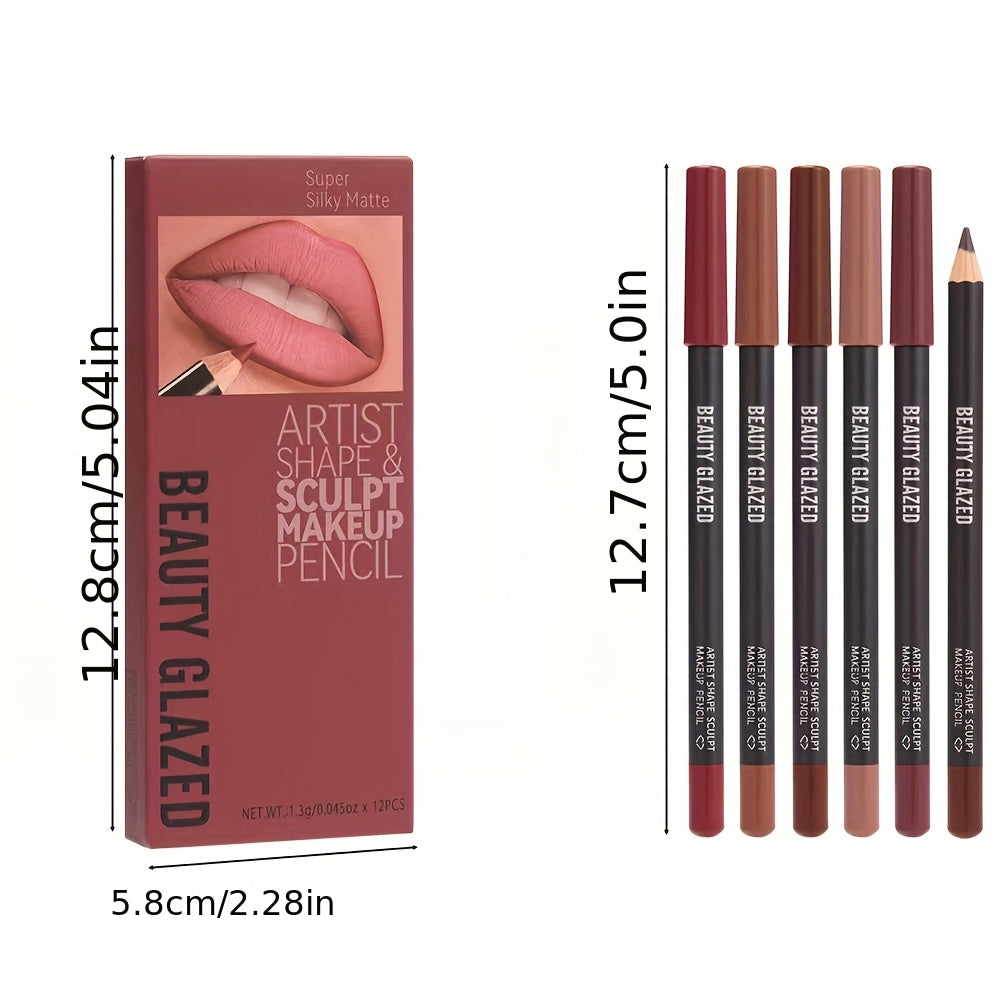 12 Colors Sculpting Matte Velvet Lip Liner Set, Smooth Creamy Texture, Waterproof And High Pigmented for Girls Daily Application Lip Makeup