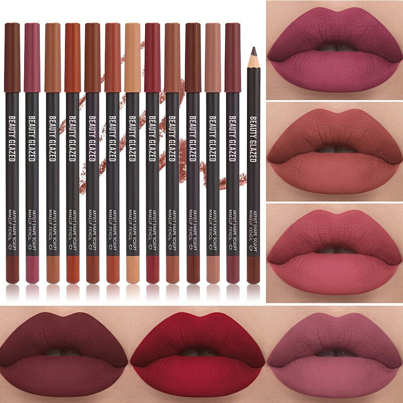 12 Colors Sculpting Matte Velvet Lip Liner Set, Smooth Creamy Texture, Waterproof And High Pigmented for Girls Daily Application Lip Makeup