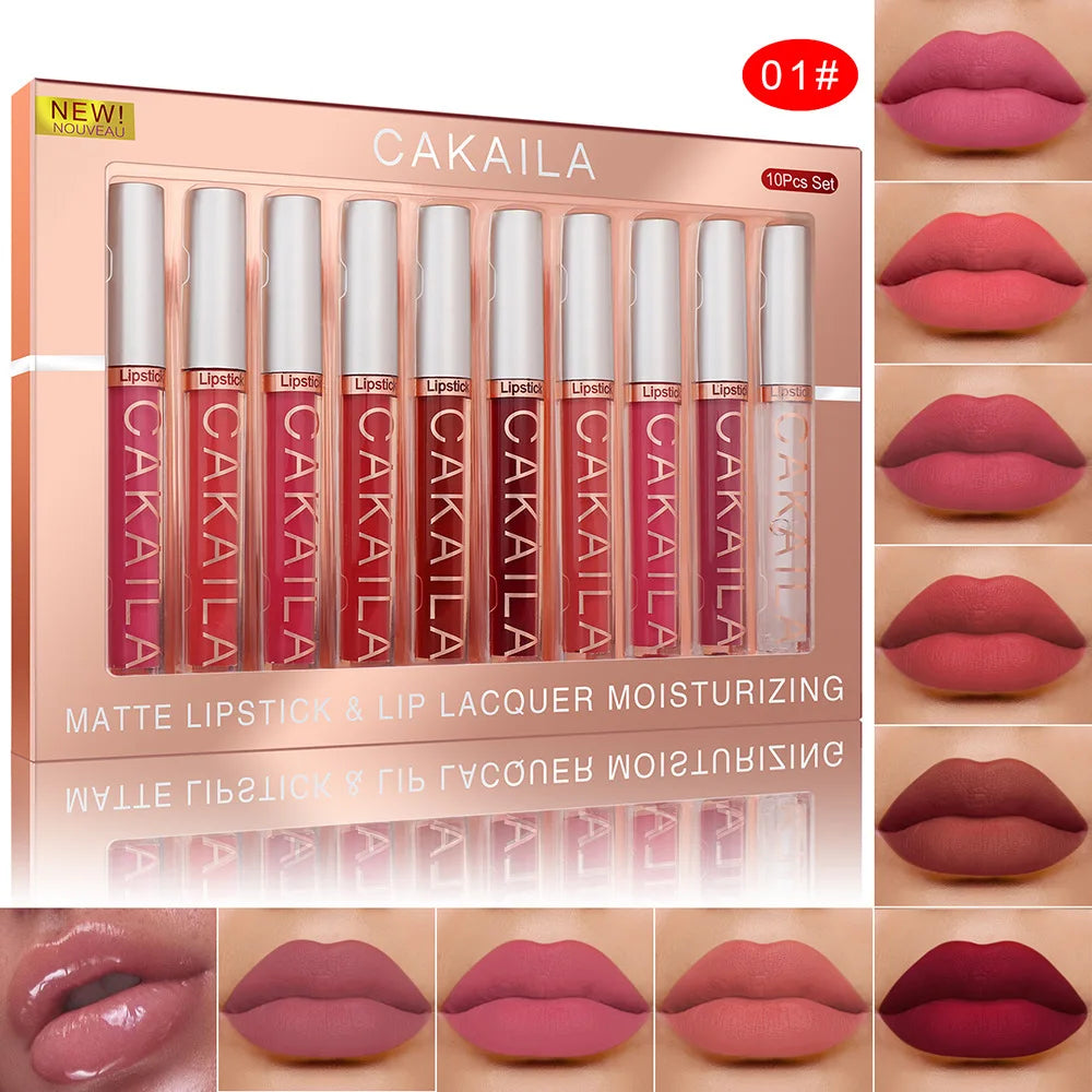 10pcs/set Nude Lip Gloss Matte Velvet Lipstick Waterproof Long-lasting Liquid Lipstick Women Moist Lip Tint