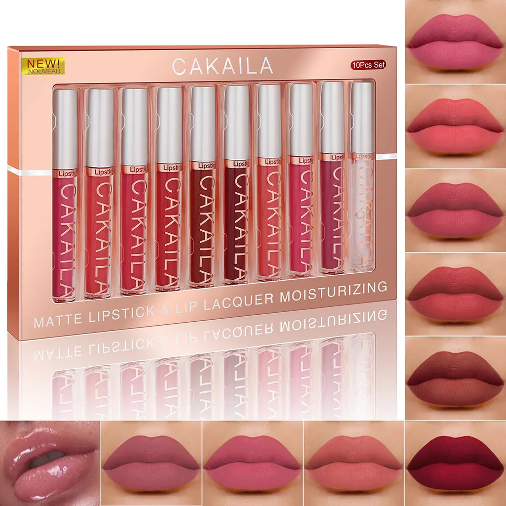 10pcs/set Nude Lip Gloss Matte Velvet Lipstick Waterproof Long-lasting Liquid Lipstick Women Moist Lip Tint