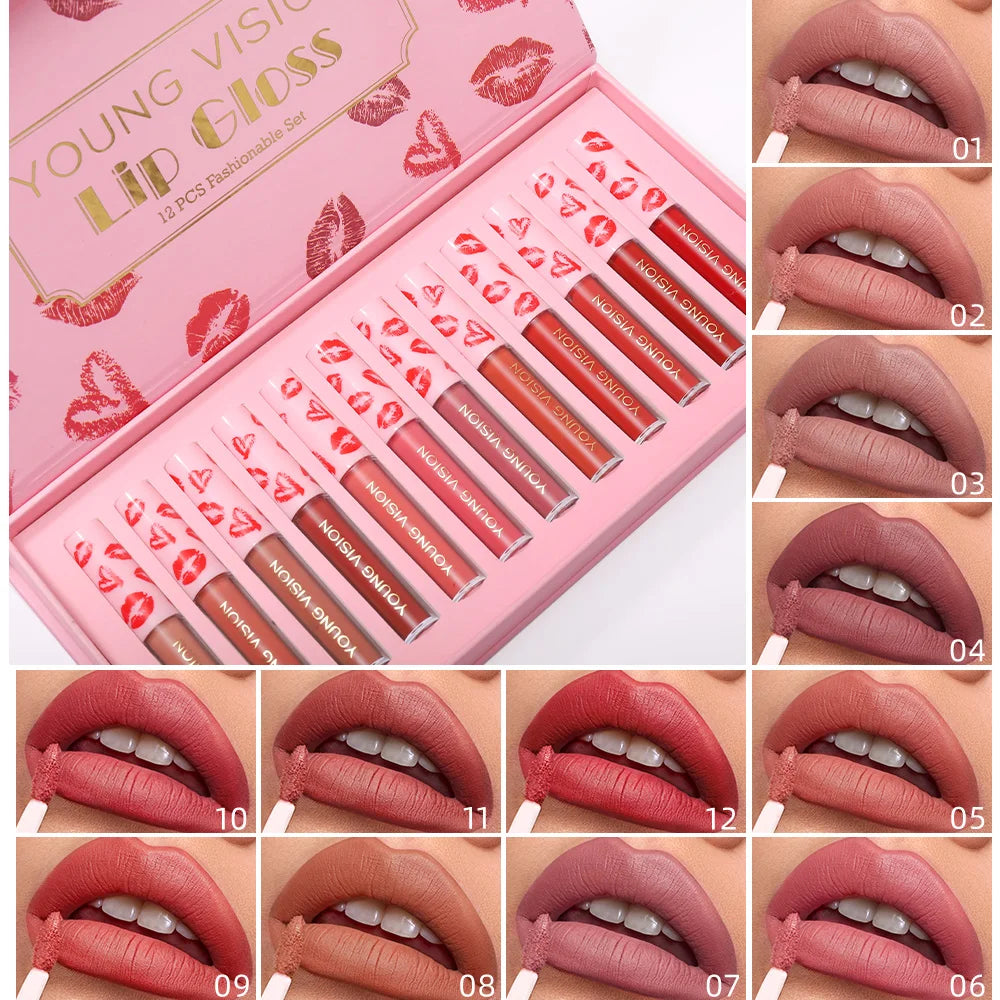 10pcs/set Nude Lip Gloss Matte Velvet Lipstick Waterproof Long-lasting Liquid Lipstick Women Moist Lip Tint