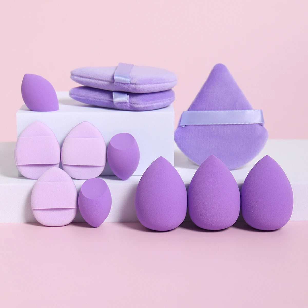 12-Piece All-Purpose Makeup Sponge Set, consisting of 3 Loose Powder Puffs, 3 Mini Air Cushion Puffs, 3 Beauty Eggs, and 3 Mini Beauty Sponges.