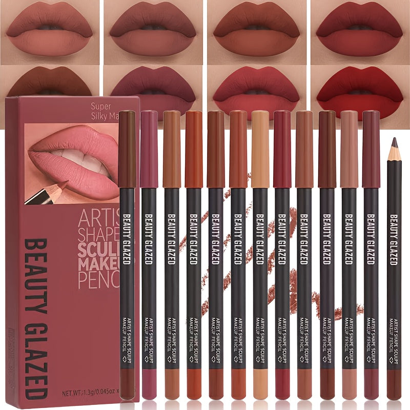 12 Colors Sculpting Matte Velvet Lip Liner Set, Smooth Creamy Texture, Waterproof And High Pigmented for Girls Daily Application Lip Makeup