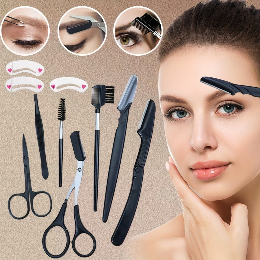 10pcs Eyebrow Grooming Kit Including Scissors, Tweezers, Eyebrow Razors, Eyebrow Combs, And Other Makeup Tools.