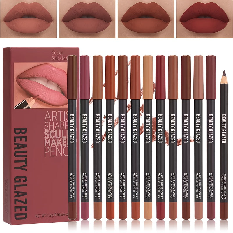 12 Colors Sculpting Matte Velvet Lip Liner Set, Smooth Creamy Texture, Waterproof And High Pigmented for Girls Daily Application Lip Makeup