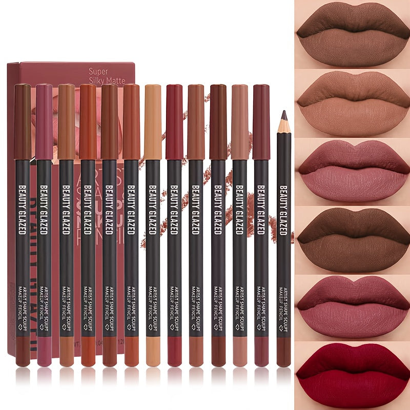 12 Colors Sculpting Matte Velvet Lip Liner Set, Smooth Creamy Texture, Waterproof And High Pigmented for Girls Daily Application Lip Makeup